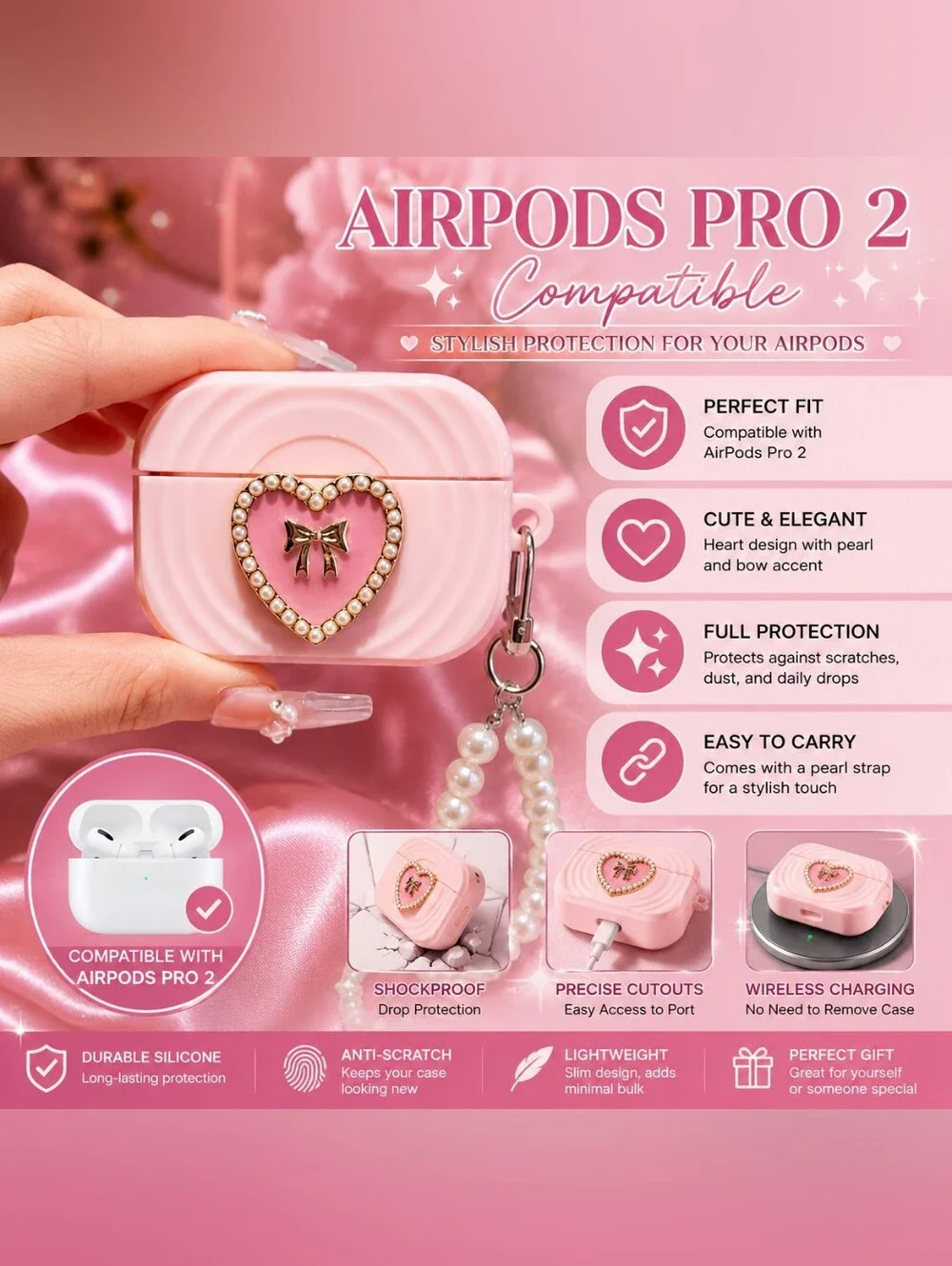 COMPATIBLE WITH AIRPODS PRO 2 Silicone Case with PEARL HEART CHARM - PINK